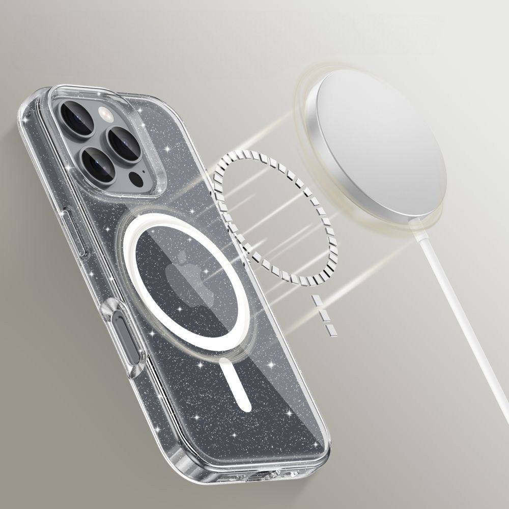 Etui Tech-Protect Flexair Hybrid do MagSafe do iPhone 16 Pro, przezroczyste z brokatem